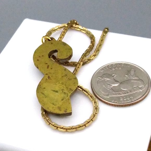 Modernist Brass Pendant Necklace with Stone and Resin Inlay, Retro Abstract Boho - Picture 5 of 5